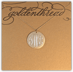 golden thread antiqued large gold disc initial necklace 300x298