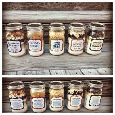 Several Mason Jar gifts lined up with custom labels to be printed for free