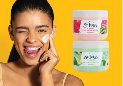 St ives moisturizing skin care products in two different variety of containers and a lady with putting moisturizing cream on her face