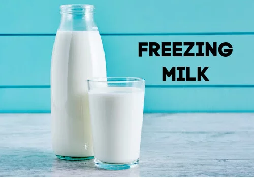 Freezing Milk words with a glass of milk and a milk glass container