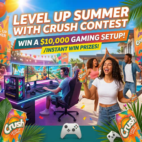The Level Up Summer with Crush Contest - WIN a $10,000 Gaming Setup /INSTANT WIN Prizes! | Canadian Free Stuff The Crush Contest gives Canadians a chance to win a $10,000 gaming setup and instant-win prizes. Find out how to enter and check the latest contest details.